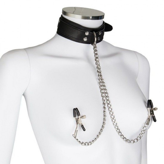 Fetish Fantasy Series Collar With Nipple Clamps Black Tasma ve Göğüs Klipsi